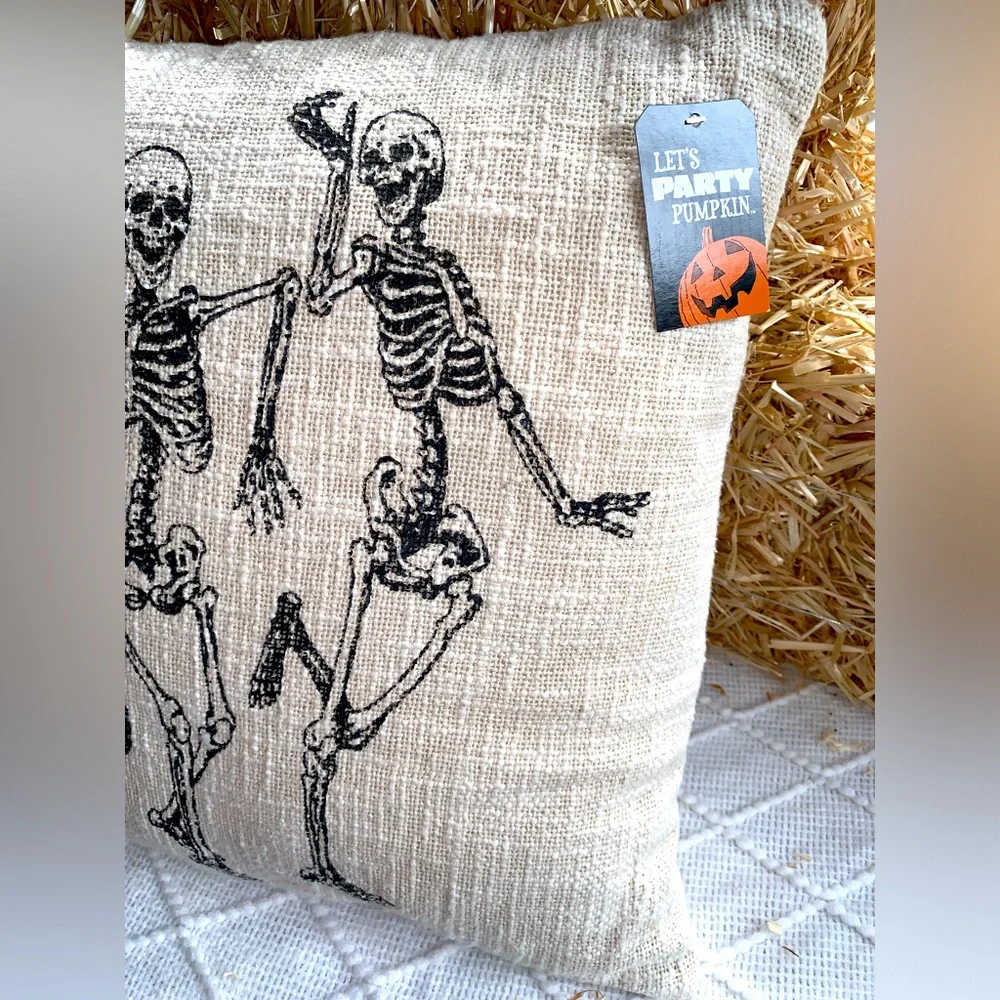 Halloween Decor Pillow Funny Dancing Skeletons Tan- NWT